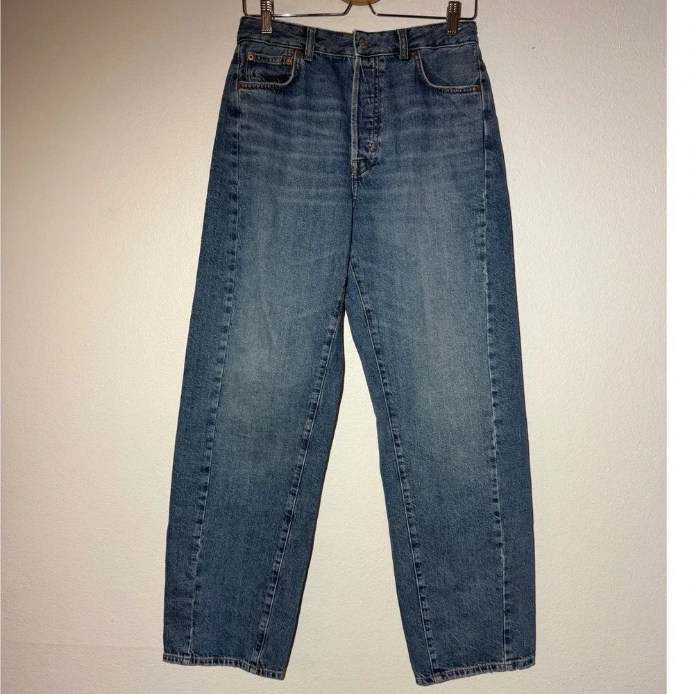 Madewell Curvy Pieced Barrel-Leg Jean Blue Denim Button Fly High Rise Size 28